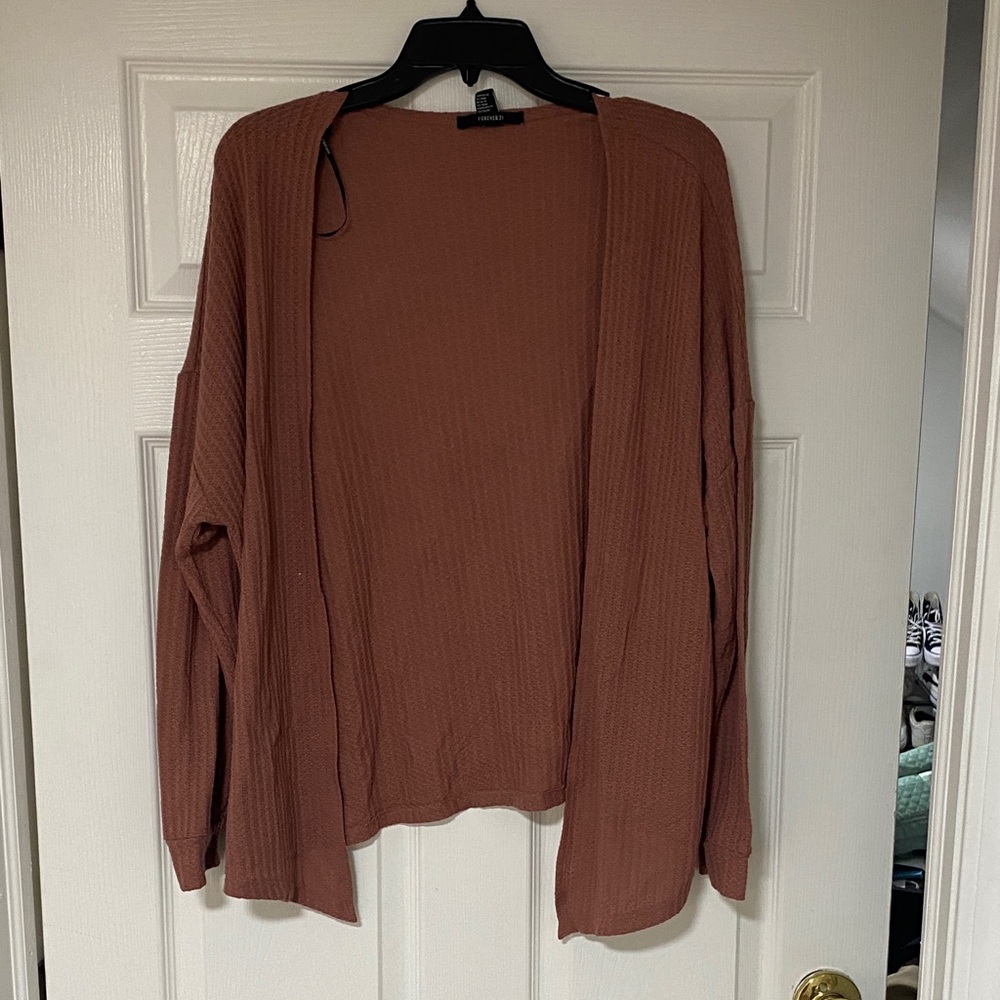 Forever 21 Open Front Waffle Cardigan - Rust Brown